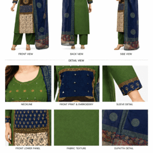 Women's Green Cotton Printed Kurta Palazzo Set with Navy Blue Dupatta