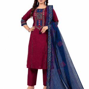 Women's Maroon Pure Cotton Embroidered Kurta Pant Dupatta Set | Mirror Work | S-28
