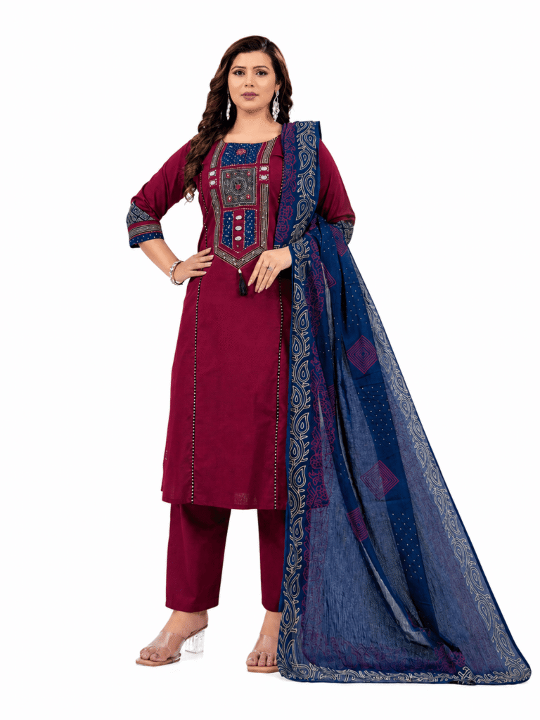 Women's Maroon Pure Cotton Embroidered Kurta Pant Dupatta Set | Mirror Work | S-28