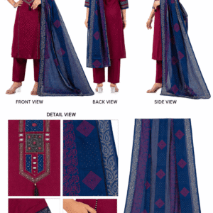 Women's Maroon Pure Cotton Embroidered Kurta Pant Dupatta Set | Mirror Work | S-28