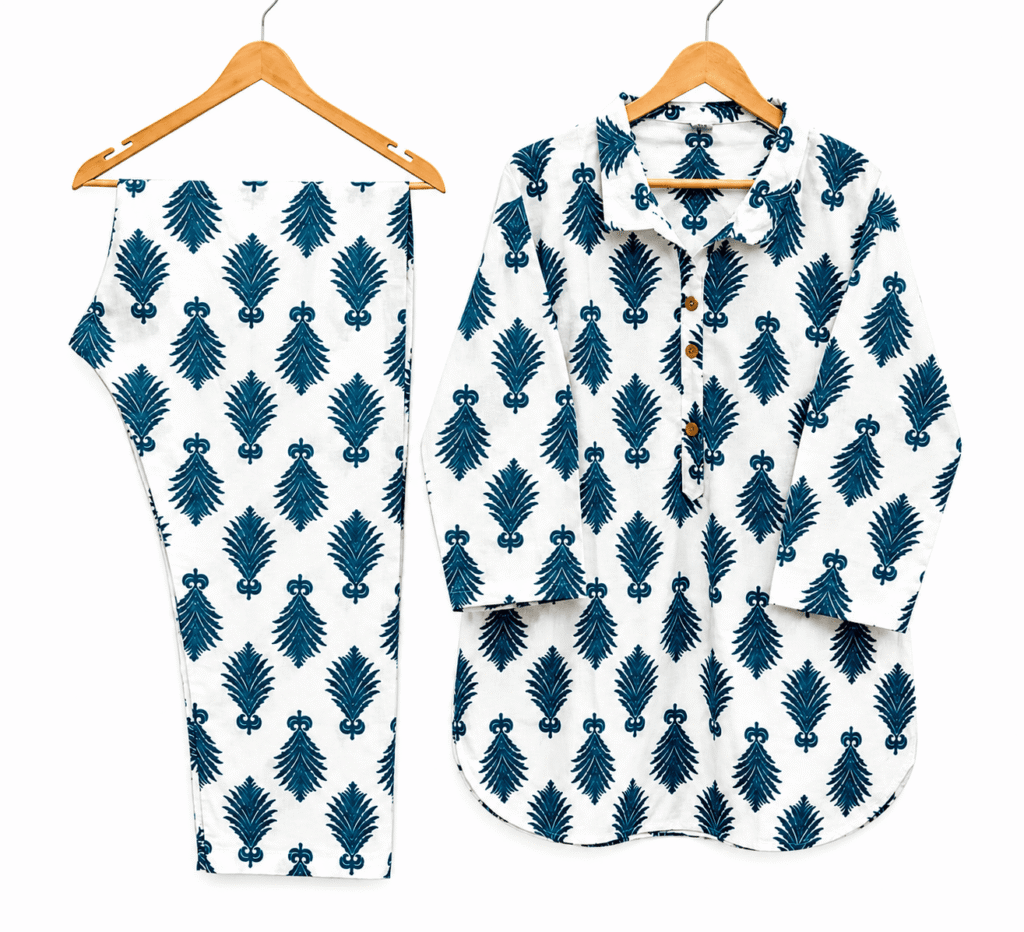 Women’s Teal Leaf Printed Cotton Kurta Pajama Set
