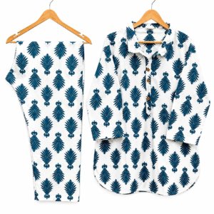 Women’s Teal Leaf Printed Cotton Kurta Pajama Set