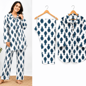 Women’s Teal Leaf Printed Cotton Kurta Pajama Set