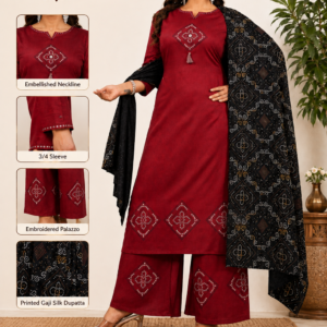 Women's Premium Gaji Silk Suit Set with Block Print & Mirror Handwork