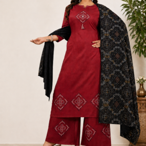 Women's Premium Gaji Silk Suit Set with Block Print & Mirror Handwork