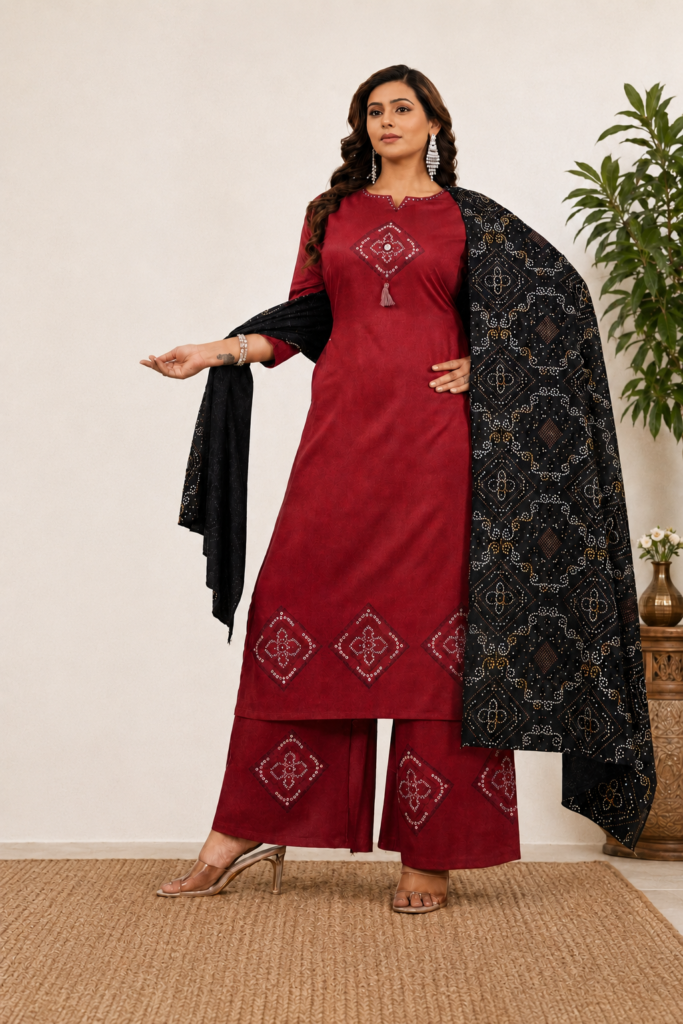 Women's Premium Gaji Silk Suit Set with Block Print & Mirror Handwork