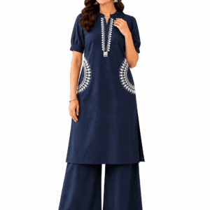KT Navy Blue Embroidered Kurta Palazzo Set for Women