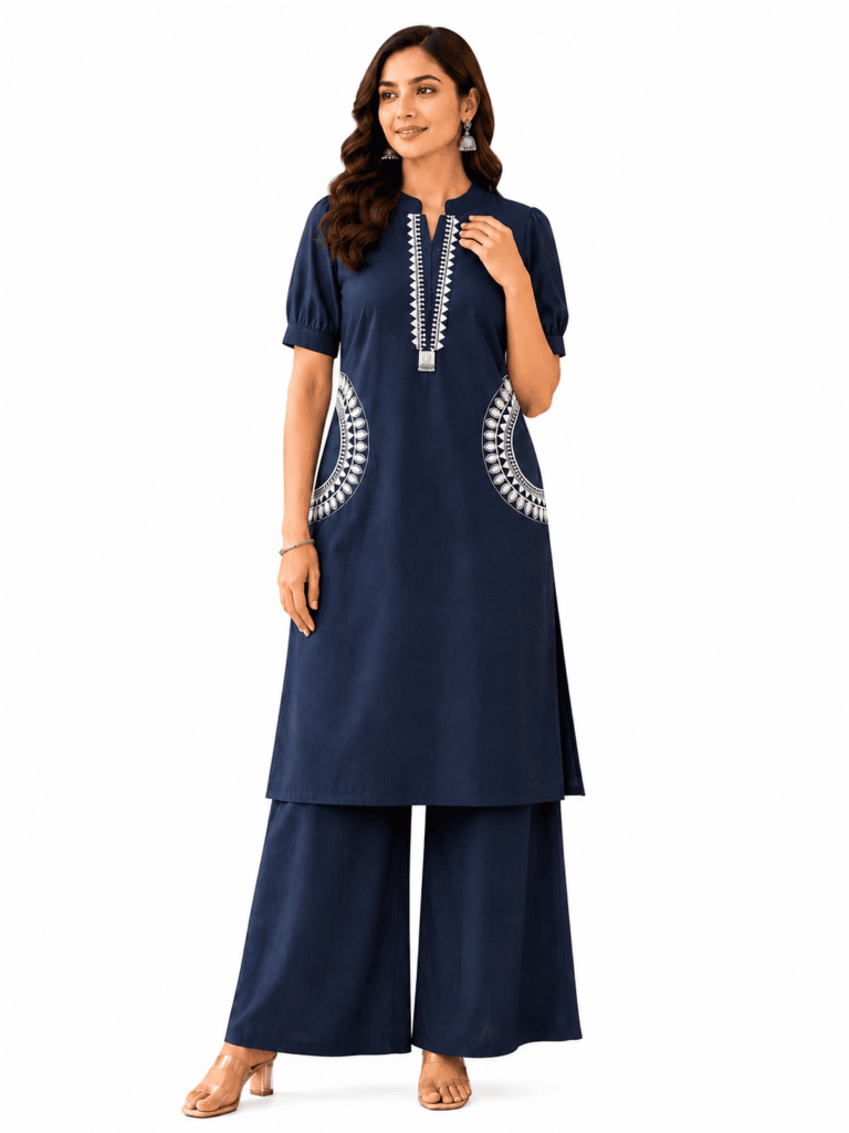 KT Navy Blue Embroidered Kurta Palazzo Set for Women