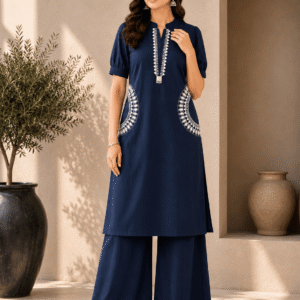 KT Navy Blue Embroidered Kurta Palazzo Set for Women