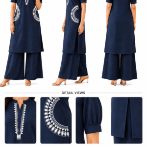 KT Navy Blue Embroidered Kurta Palazzo Set for Women