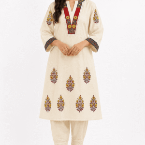 Women's Premium Khadi Cotton Embroidered Kurta Pant & Dupatta Set - Cream