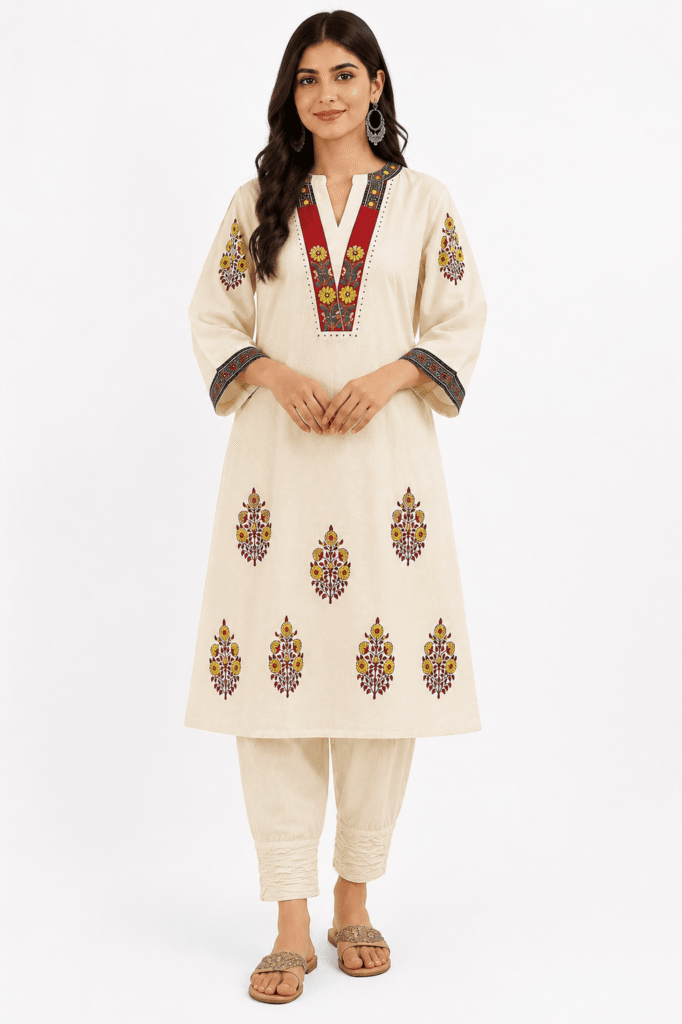 Women's Premium Khadi Cotton Embroidered Kurta Pant & Dupatta Set - Cream
