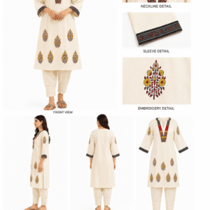 Women's Premium Khadi Cotton Embroidered Kurta Pant & Dupatta Set - Cream