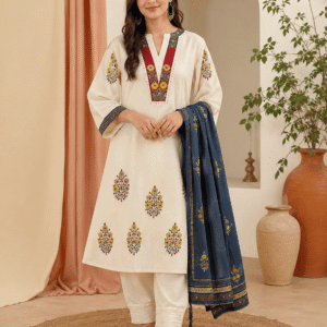 Women's Premium Khadi Cotton Embroidered Kurta Pant & Dupatta Set - Cream