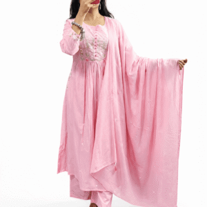 Women’s Pastel Pink Embroidered Anarkali Suit Set with Dupatta