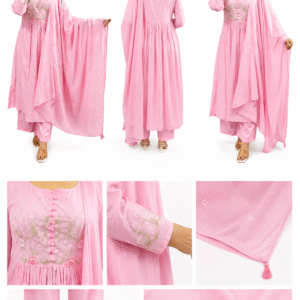 Women’s Pastel Pink Embroidered Anarkali Suit Set with Dupatta