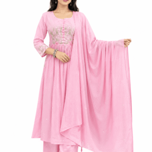 Women’s Pastel Pink Embroidered Anarkali Suit Set with Dupatta