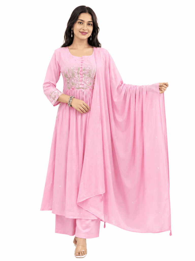 Women’s Pastel Pink Embroidered Anarkali Suit Set with Dupatta