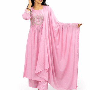 Women’s Pastel Pink Embroidered Anarkali Suit Set with Dupatta
