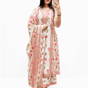 Floral Printed Cotton Kurta Set with Dupatta (SF-RED)