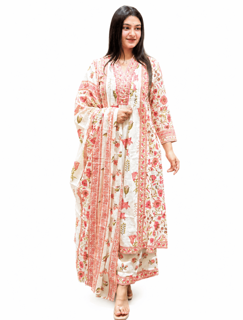 Floral Printed Cotton Kurta Set with Dupatta (SF-RED)