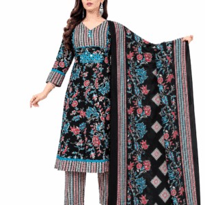 Black Floral Printed Cotton Anarkali Suit Set with Dupatta