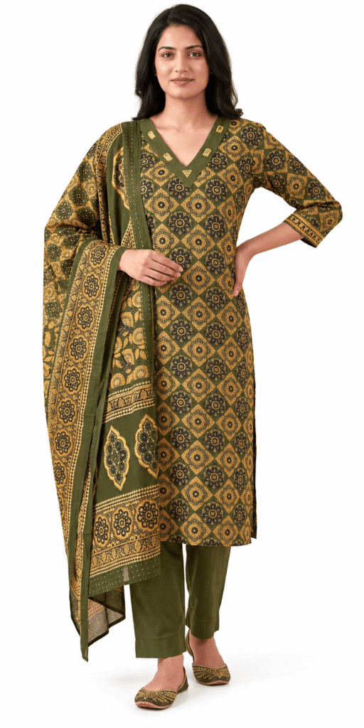 Olive Green Printed Kurta Set with Dupatta