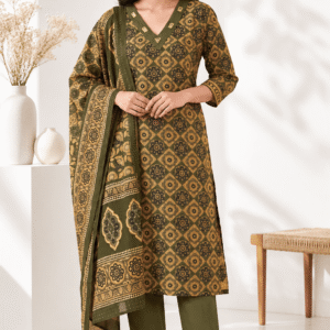 Olive Green Printed Kurta Set with Dupatta
