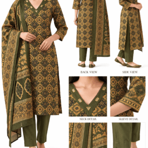 Olive Green Printed Kurta Set with Dupatta