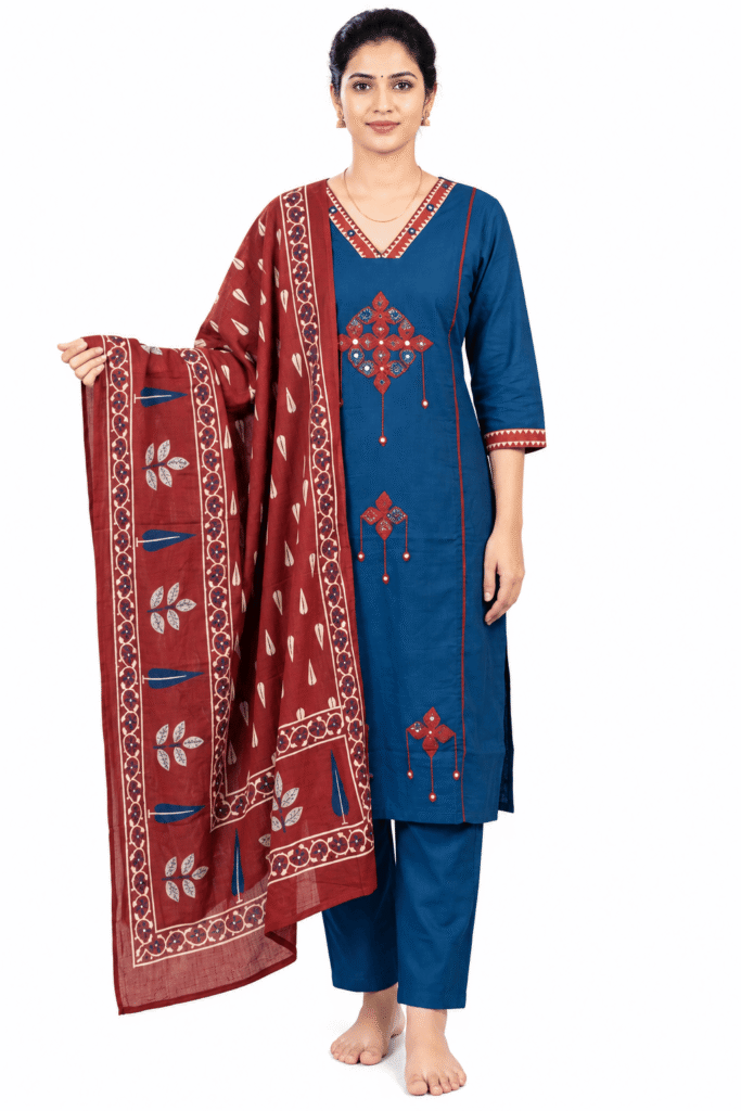 Women’s Blue Printed Straight Kurta Set with Maroon Dupatta