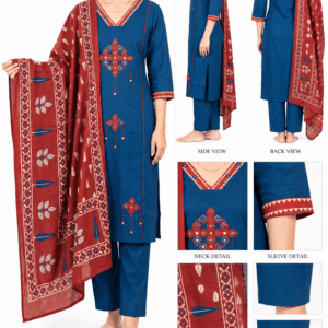 Women’s Blue Printed Straight Kurta Set with Maroon Dupatta