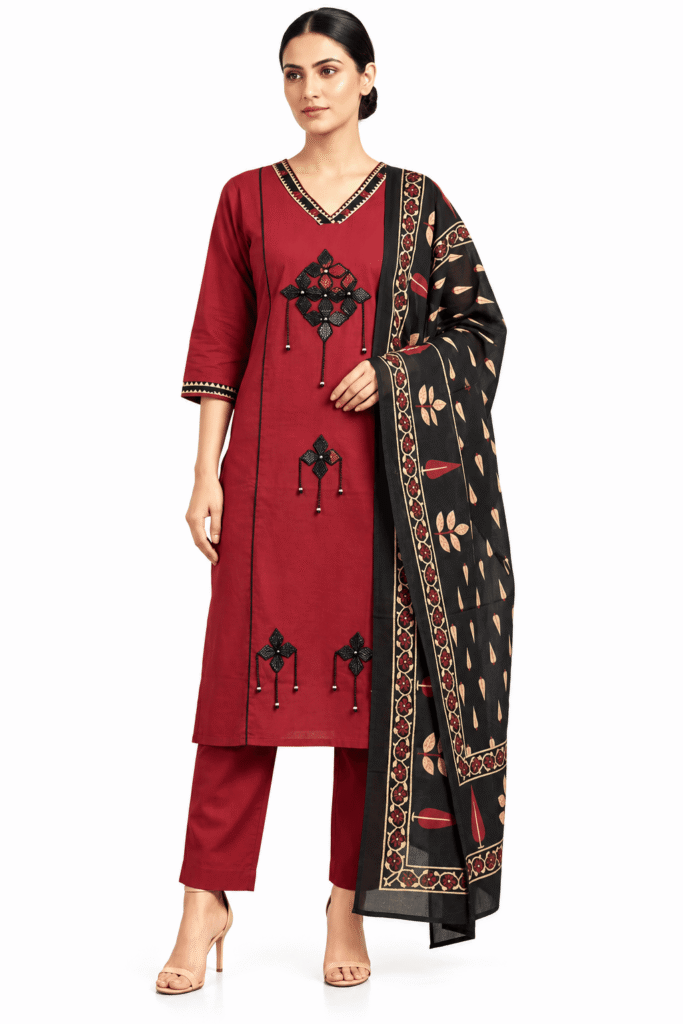 Maroon Embroidered Straight Kurta Set with Printed Dupatta