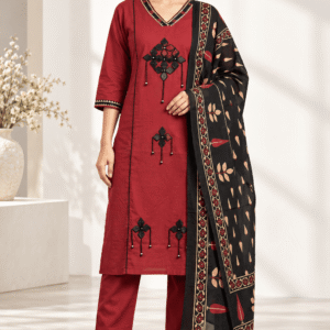 Maroon Embroidered Straight Kurta Set with Printed Dupatta