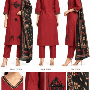 Maroon Embroidered Straight Kurta Set with Printed Dupatta