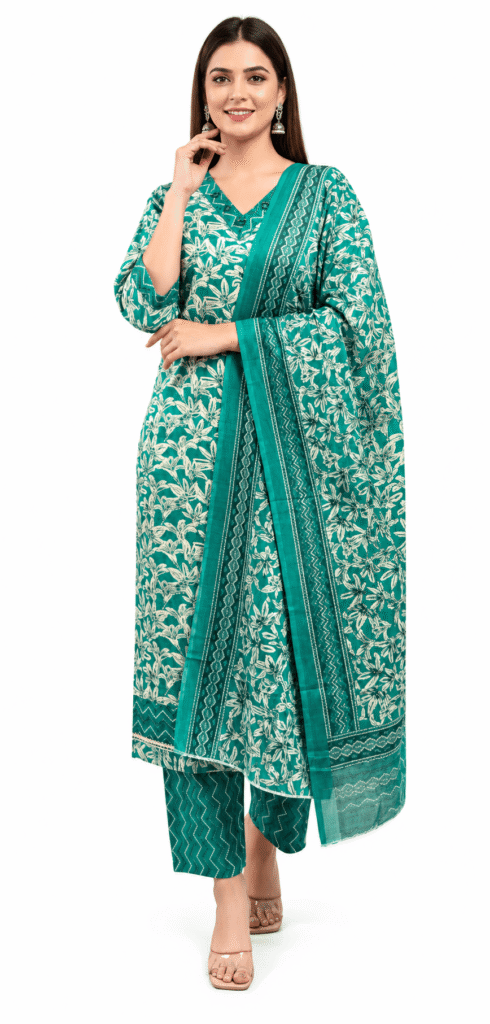 Teal Green Floral Printed Kurta Pant Set with Dupatta