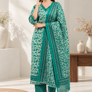 Teal Green Floral Printed Kurta Pant Set with Dupatta