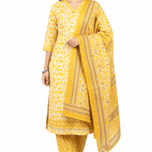 Yellow Floral Printed 3-Piece Salwar Suit Set with Dupatta
