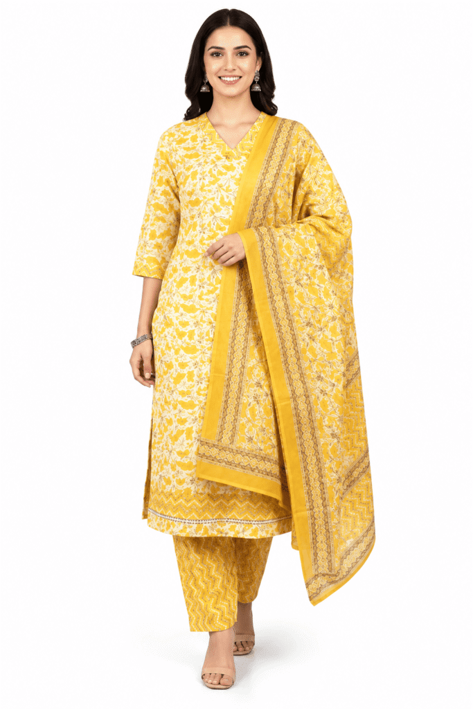 Yellow Floral Printed 3-Piece Salwar Suit Set with Dupatta