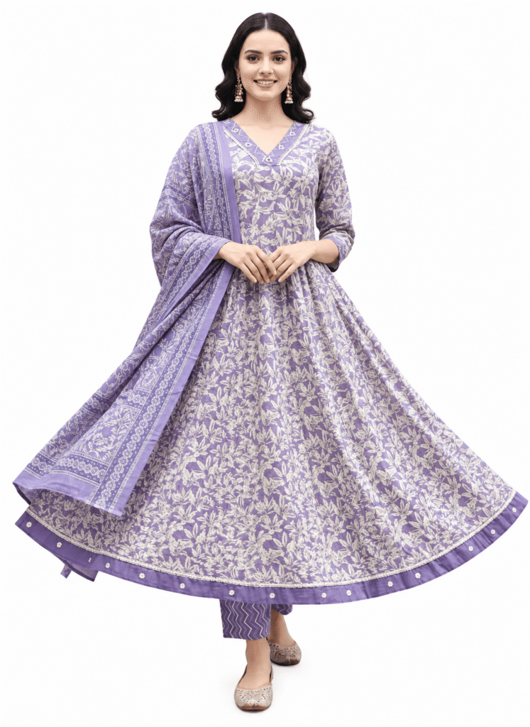 Purple Printed Anarkali Suit Set
