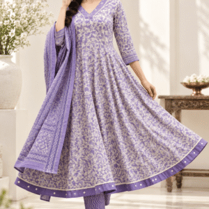 Purple Printed Anarkali Suit Set